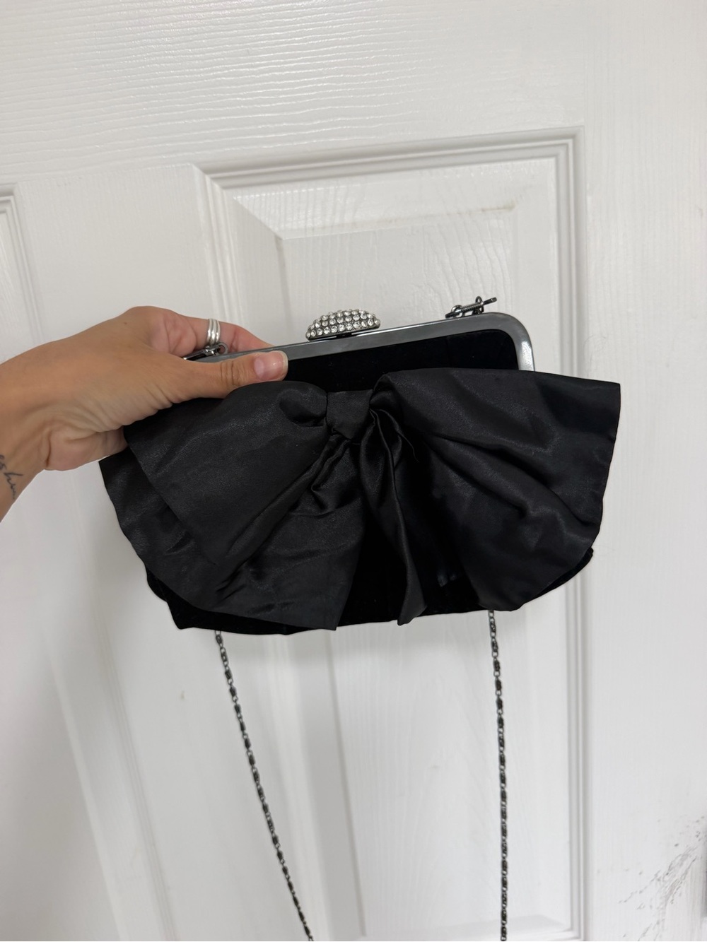 Neiman Marcus Black Satin Bow Clutch with Chain